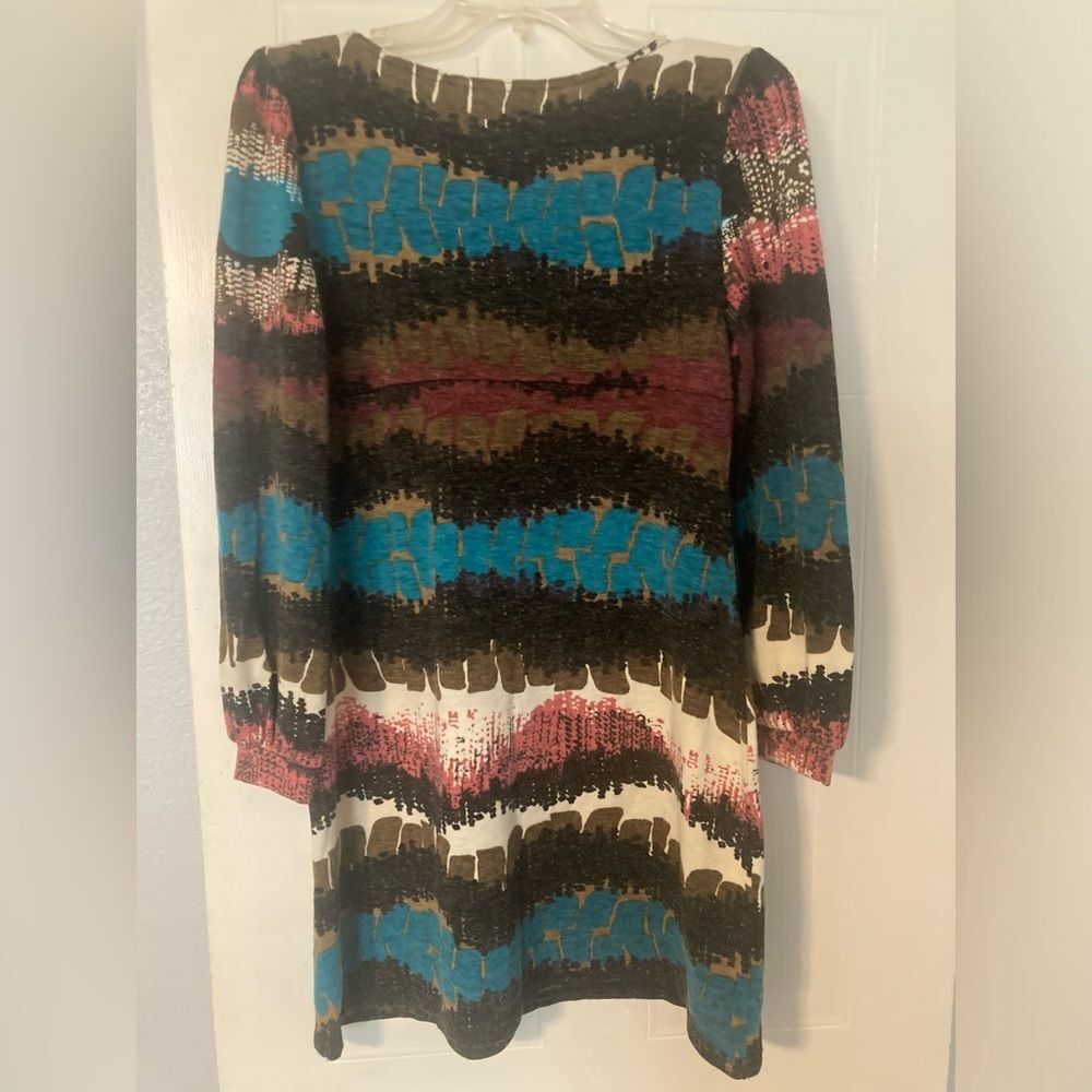 ARYEH Mini Dress Long Sleeve Brown Blue Burgundy Pink Tan Striped Size M - Picture 3 of 12